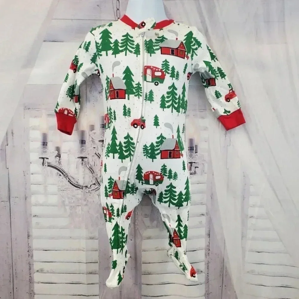 0-3 Month Infant Forest Theme White and Green Footed Christmas Onesies